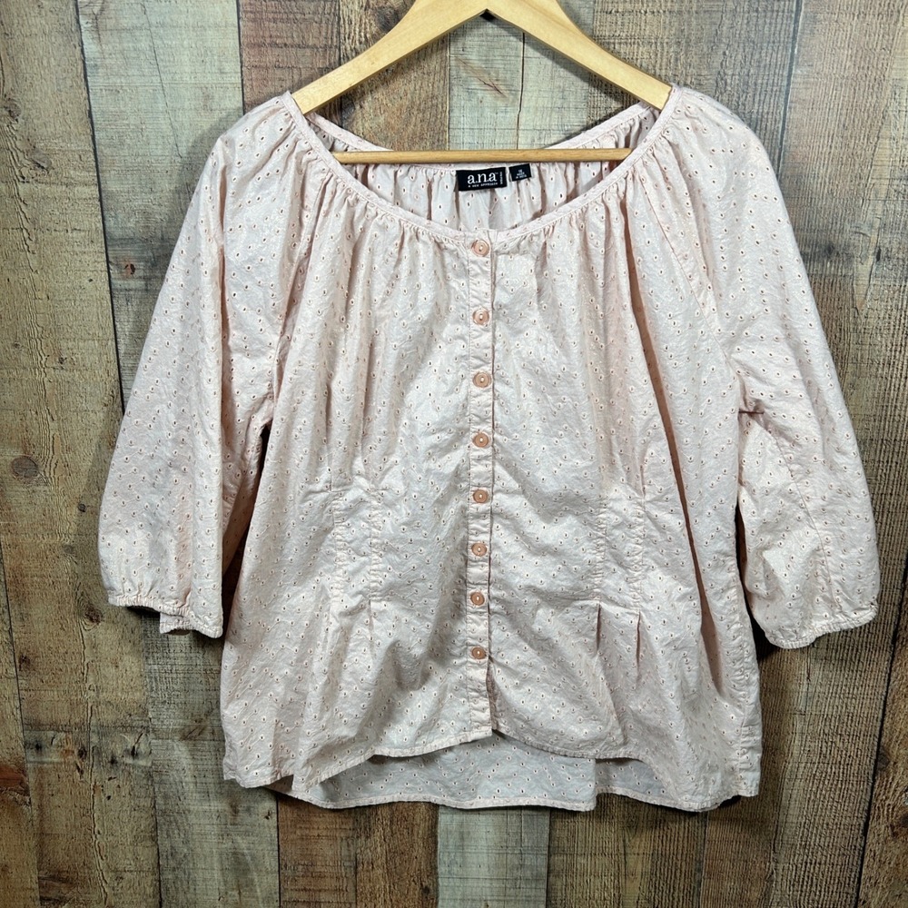 a.n.a Pink Cotton Eyelet Shimmer Button Front Blouse Cottagecore 1X ana